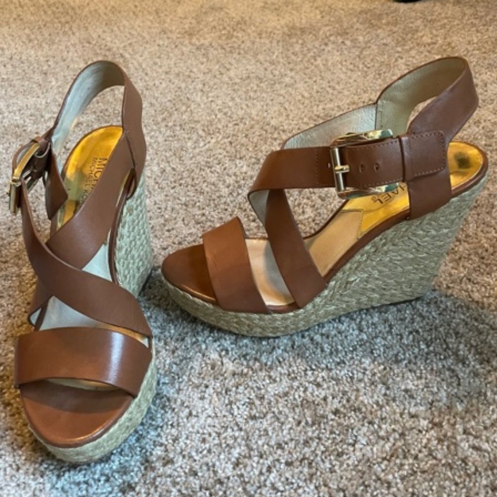 Michael Kors brown strap wedges, size 7.5